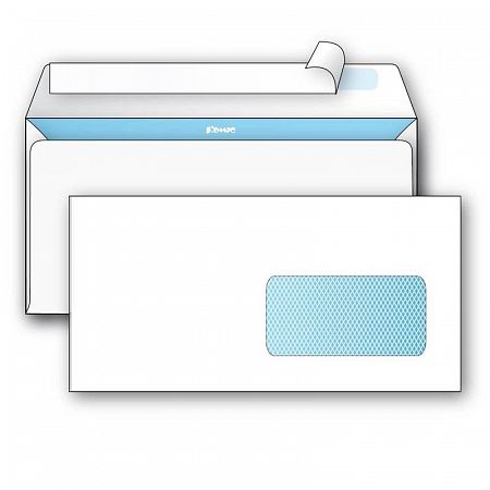 Конверт Белый Е65-2101 80г 110х220, с отр.полосой, запечатка, прав.окно,  1000шт/уп.